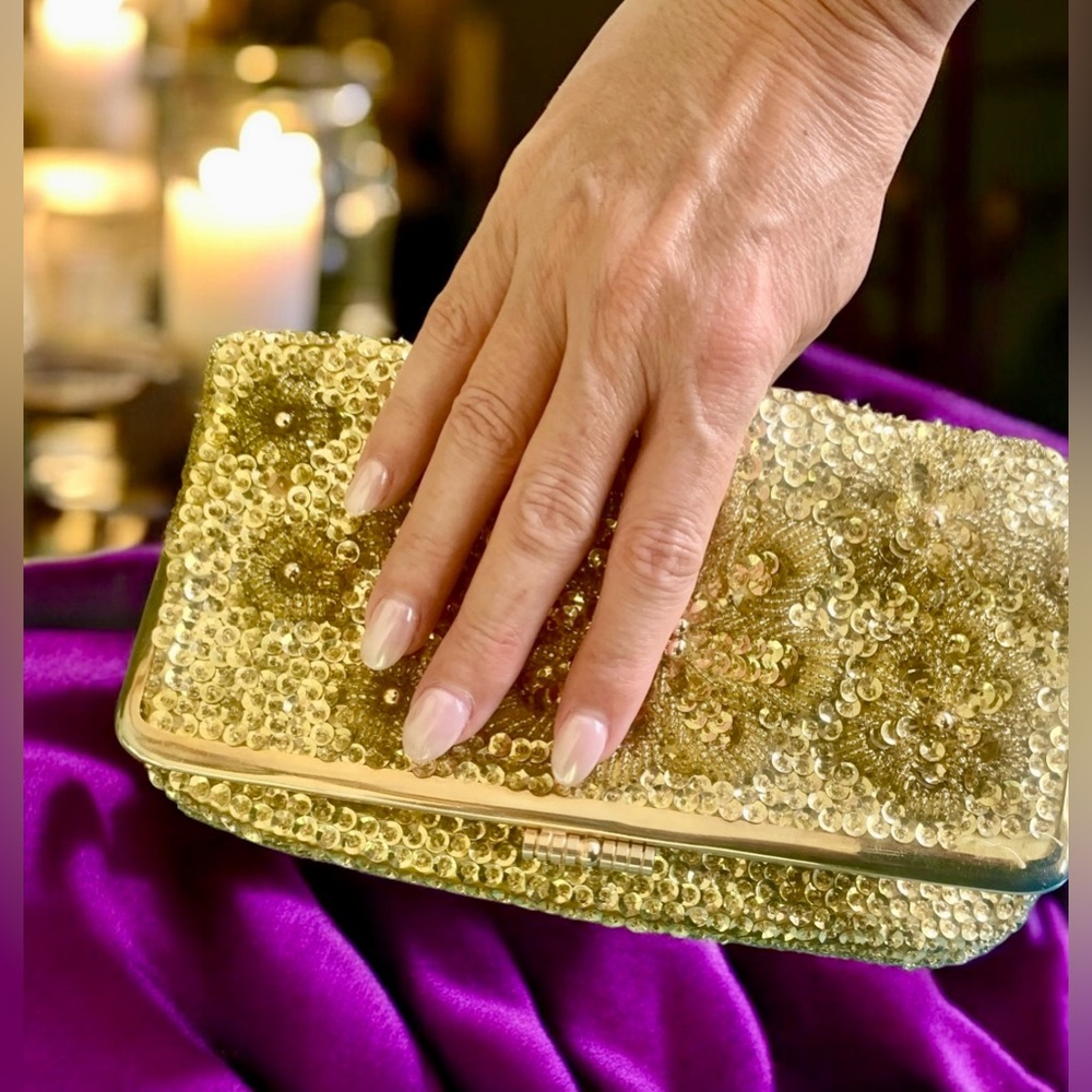 Vintage Gold Satin Sequin & Beaded Folded Clutch Bag - Picture 4 of 15